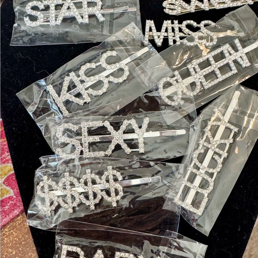 Set of 10 Silver Rhinestone Hair pins sexy queen miss boss sweet baby Lucky